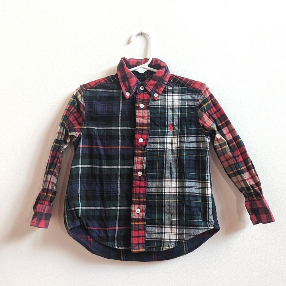 Ralph Lauren Mixed Plaid Button Down Shirt Boys 2T Collar Preppy Christmas Pony